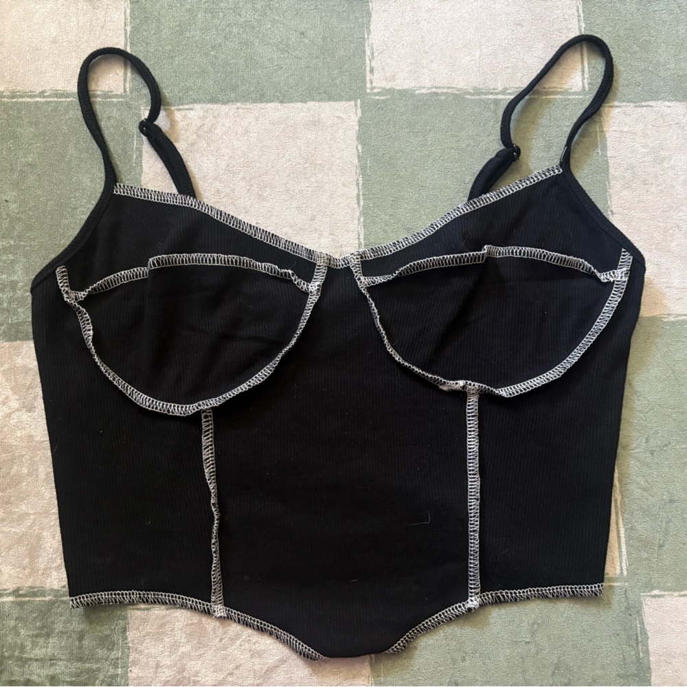 Black Ribbed Tank Top with White Stitching